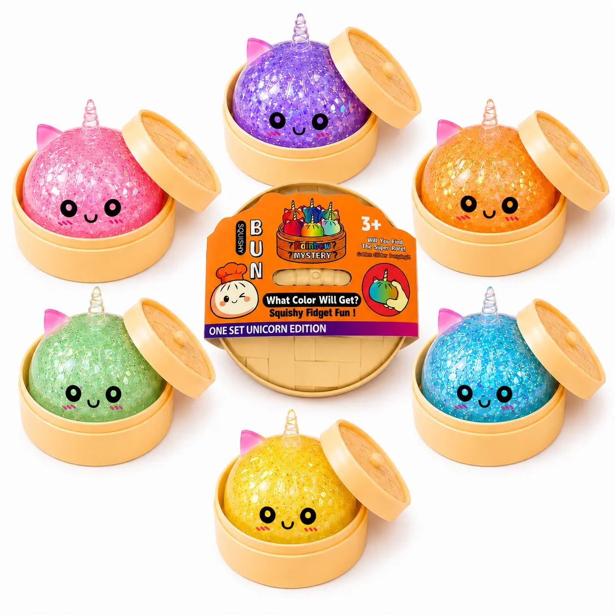 2026 New Glitter Fill Dumpling Squishy Blind Box - Soft Plush Squeeze Fidget Sensory Toy with Steamer Box, Stress & Anxiety Relief for Teens (1PC Random, Squishies for 3+ Years), Dumpling Squishies