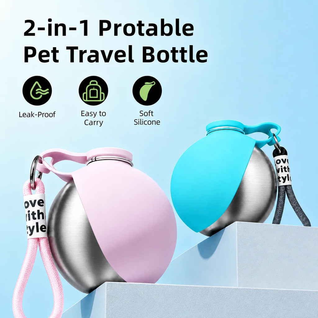 10Oz Stainless Steel Pet Travel Water Bottle with Foldable Bowl, Leakproof Portable Outdoor Drink Cup for Dogs Cats