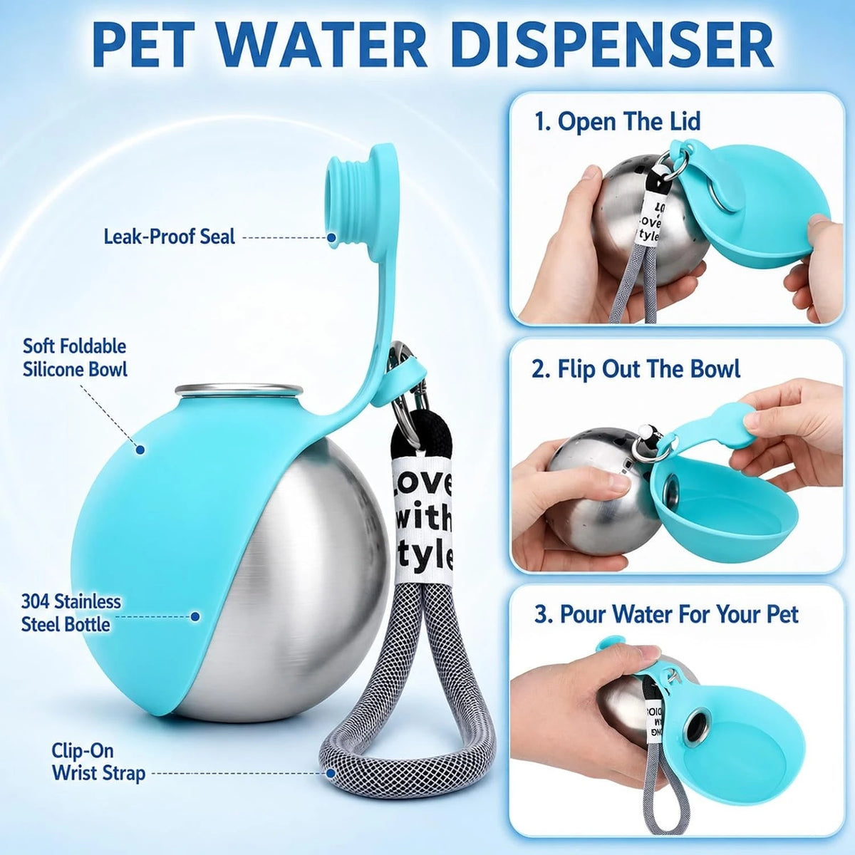 10Oz Stainless Steel Pet Travel Water Bottle with Foldable Bowl, Leakproof Portable Outdoor Drink Cup for Dogs Cats