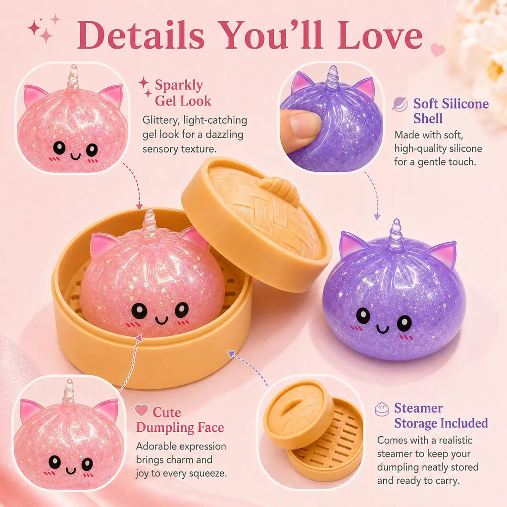 2026 New Glitter Fill Dumpling Squishy Blind Box - Soft Plush Squeeze Fidget Sensory Toy with Steamer Box, Stress & Anxiety Relief for Teens (1PC Random, Squishies for 3+ Years), Dumpling Squishies
