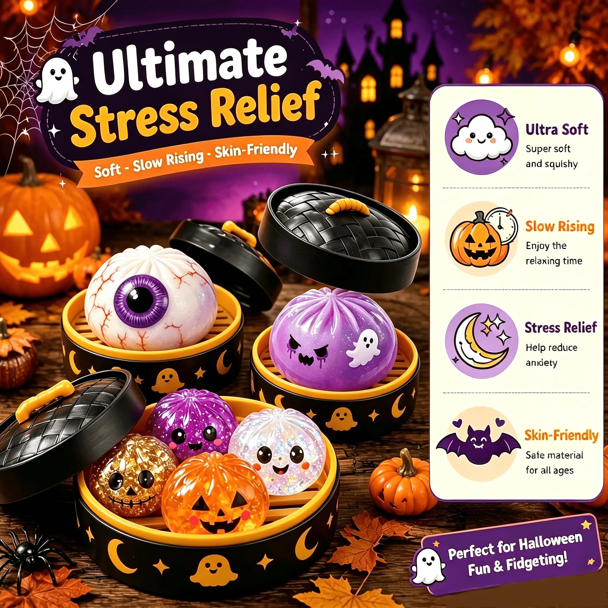 Halloween Ghost Dumpling Glitter Squeeze Toy Set, Spooky Stress Relief Squishy Fidget Toys, Portable Hand Decompression Toy, Halloween Party Favors Trick Treat Bag Fillers Holiday Gifts